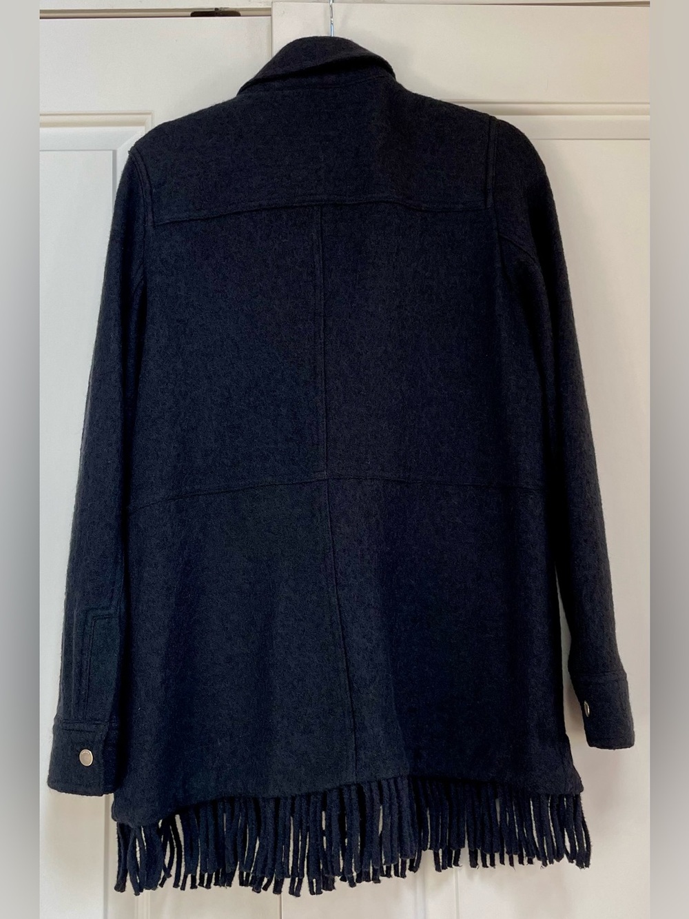 Chico’s Black Boiled Wool Heavy Button Down Fringe Jacket Size 1 Medium 8-10 - Picture 6 of 12